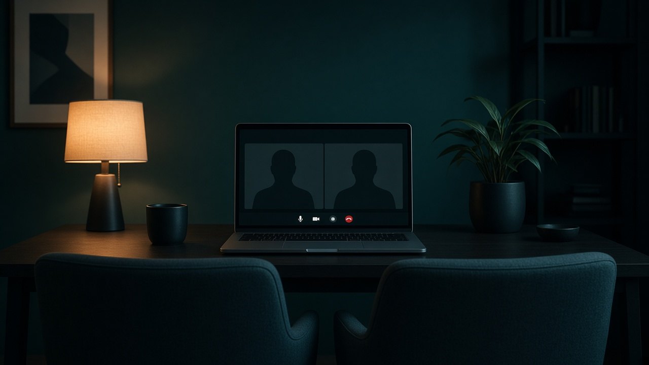 Two empty chairs facing a laptop with a paused one-to-one video-call grid