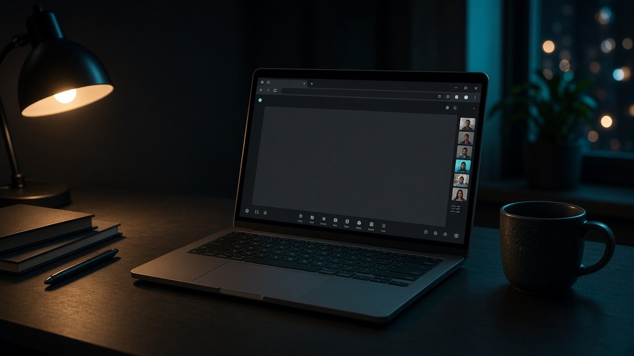 A laptop on a dark desk showing an empty browser video-call window in teal light